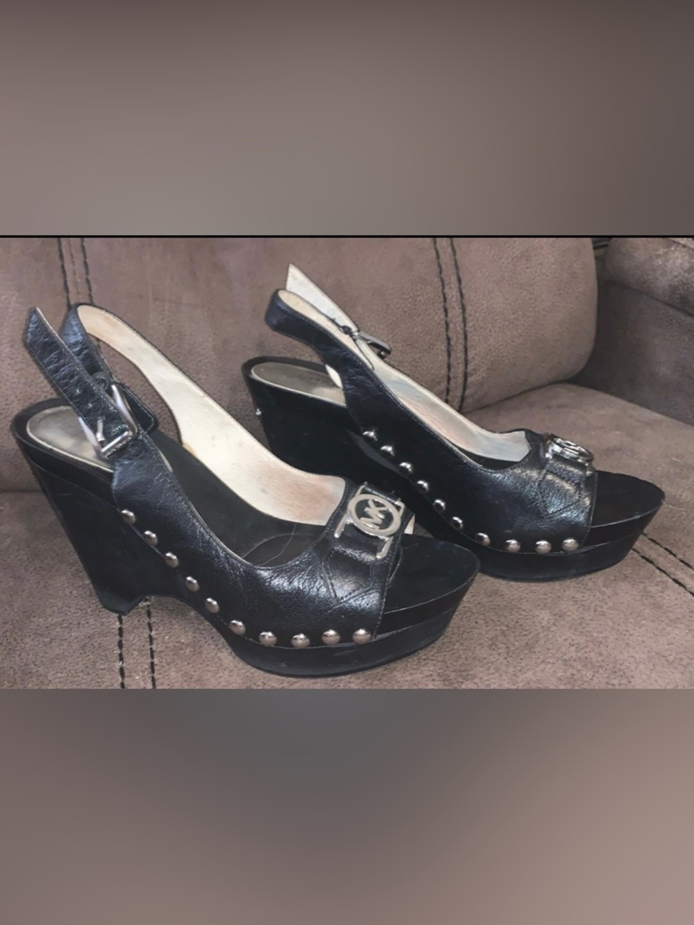 Michael Kors Black Leather Studded Slingback Wedge Sandals with MK Emblem